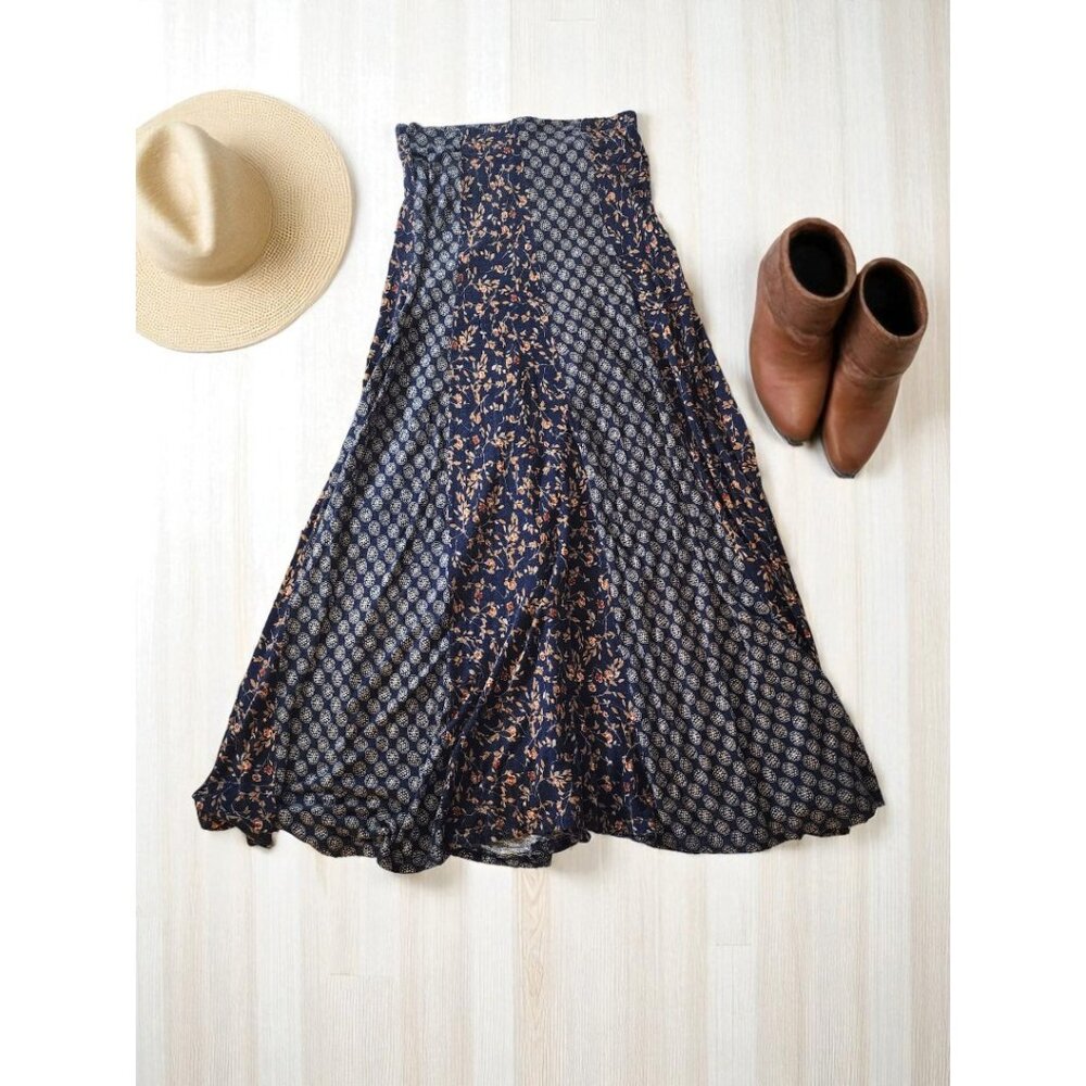 American Rag Maxi Skirt Women’s M – Boho Patchwork Floral Print Navy Blue
